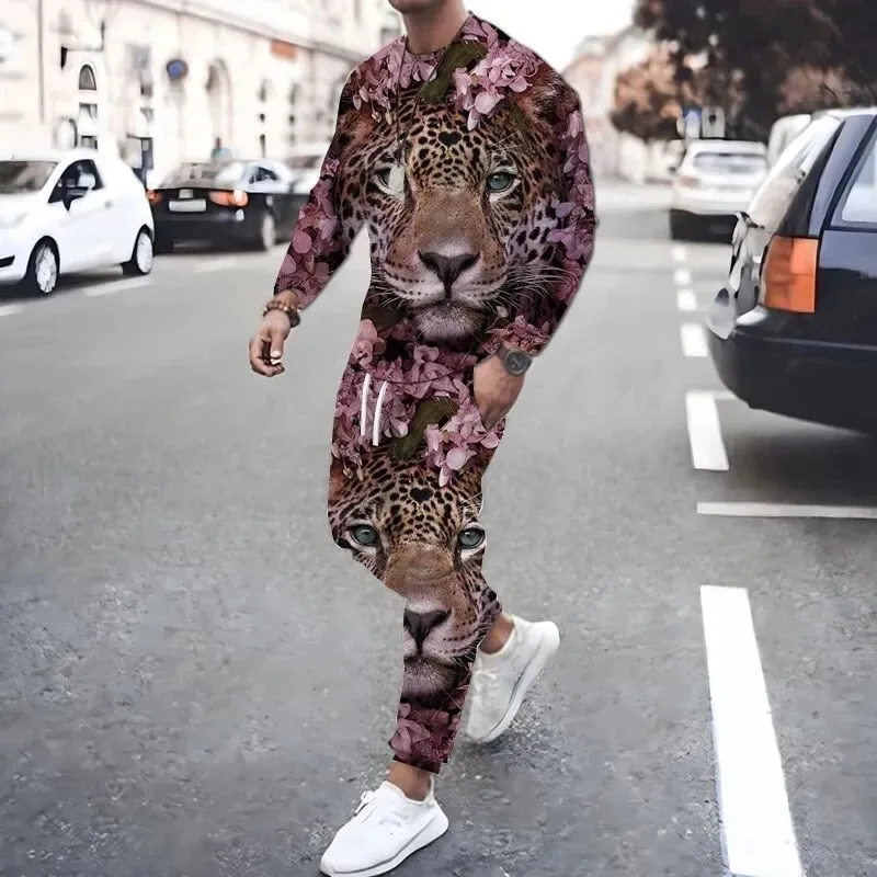 

Men's Set 3D Animal Printing Long Sleeves Sportswear T-shirt+Pants 2Pcs set O-Neck Sweatshirt Jogger Sportswear 2 Piece Suit