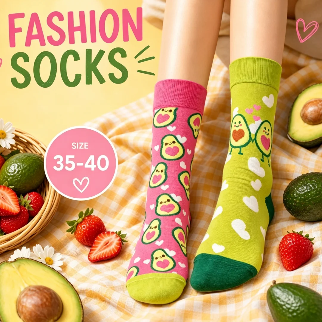 1 pair of trendy, vibrant avocado-print socks with an asymmetrical design, suitable for both men and women