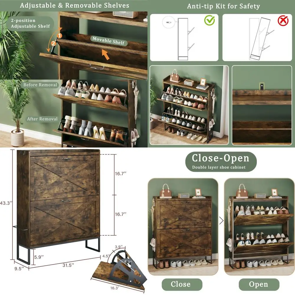 

Modern Rustic Brown Shoe Cabinet with 2 Drawers & Adjustable Shelves, Freestanding Entryway Storage Organizer for Hallway & Foye
