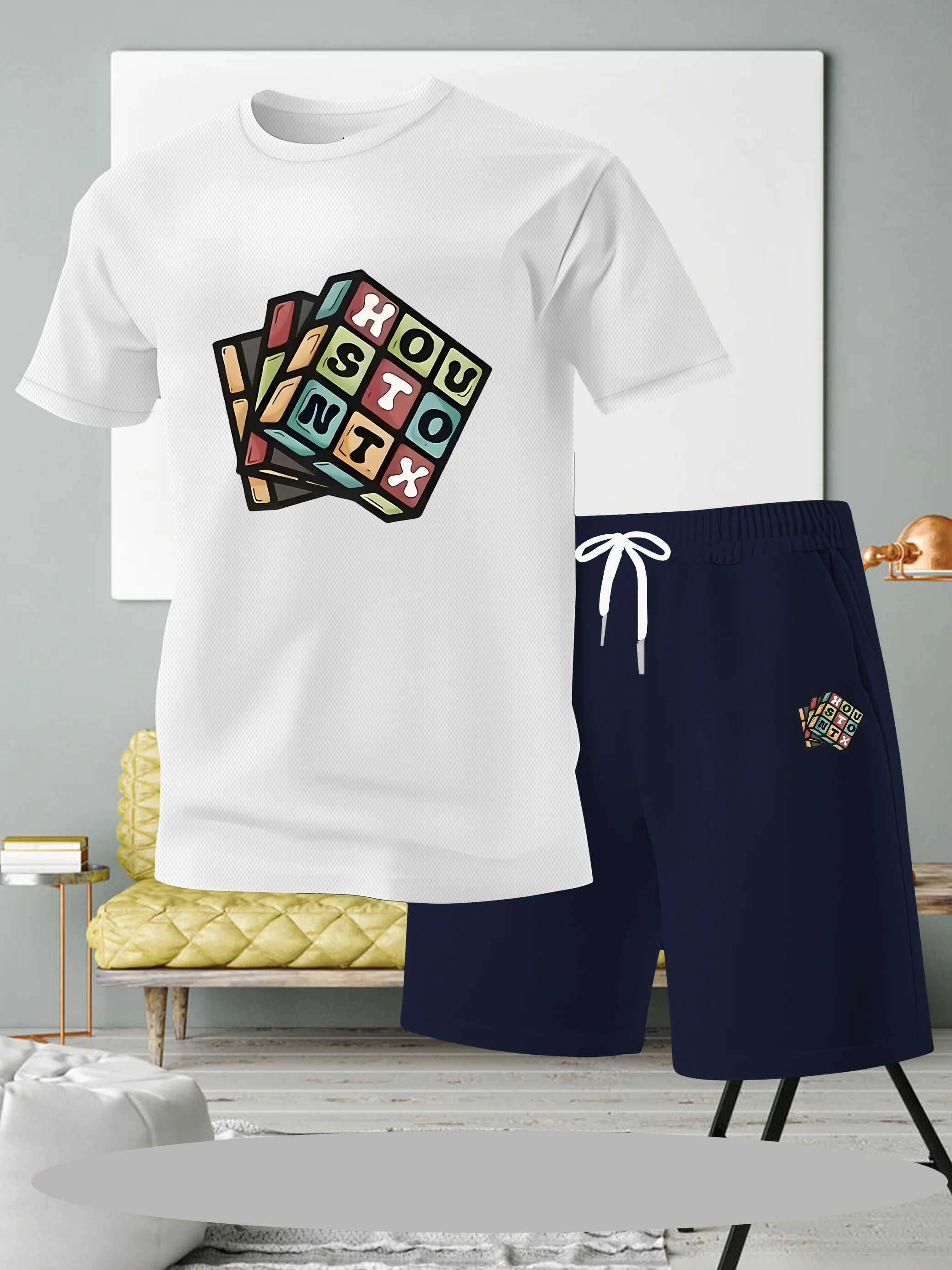 

Men's two-piece set, stylish casual round neck short sleeved T-shirt and drawstring shorts, perfect for summer outdoor sportswea