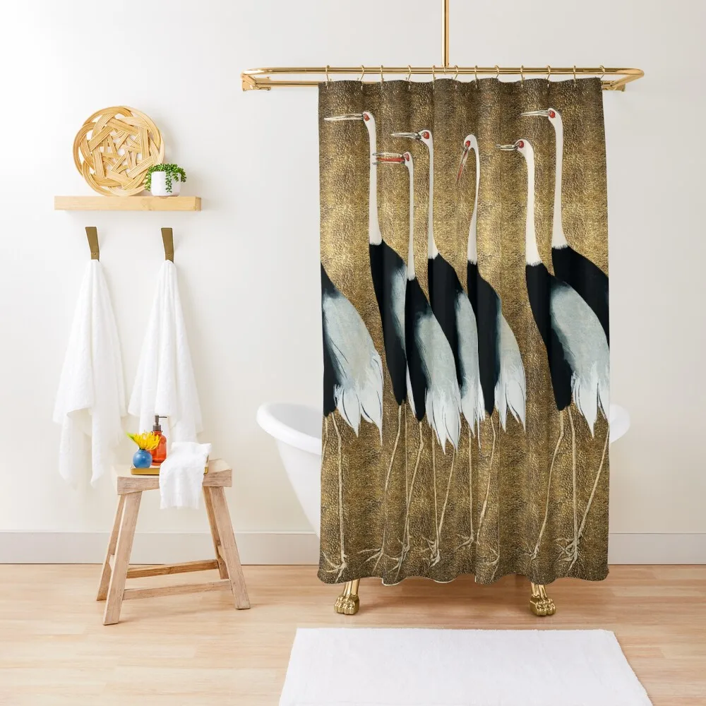 

Traditional portrait of Japanese Cranes | Golden Background Shower Curtain Bathroom Deco Funny Shower Curtain