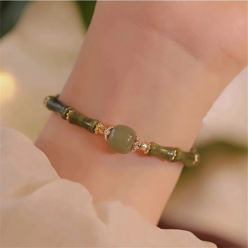 Ethnic Olive Jade Bamboo Shaped Beads Women Bracelet Natural Hetian Jade Fine Jewelry Ins Niche Design Romantic Fashion Gift