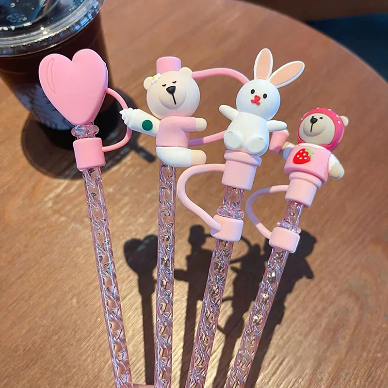 Cute Bear Straw With Dust Cover Cap Silicone Kawaii Cat Claw Straw Stoppers For Tumbler Pink Straws Tip Cover Protector 7mm