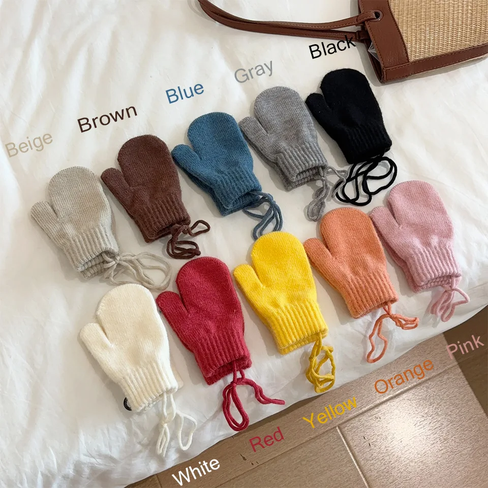Solid Color Woolen Knit Gloves Winter Kids Hanging Neck Mitten Outdoor Windproof Warm Children Fingerless Glove 1-4Year Boy Girl