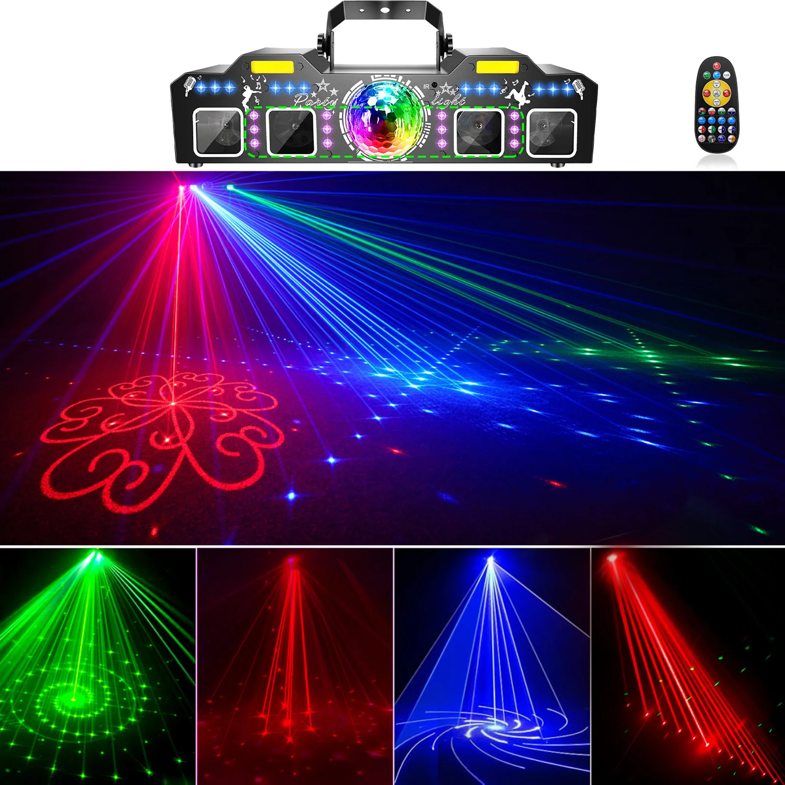 5-in-1 Stage Lighting Projector 96 Patterns + Magic Ball Effect + LED Par Light + UVLight + Golden Strobe Sound