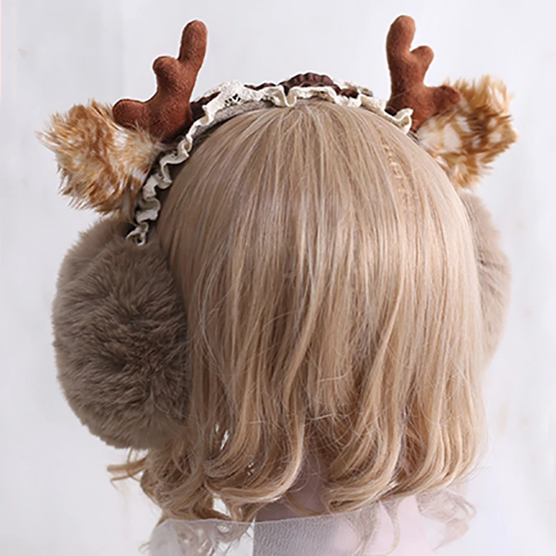 Lolita Girl Christmas Warm Elk Deer Earmuffs Headband New Year Plush Foldable Ear Protector Hair Band Gift