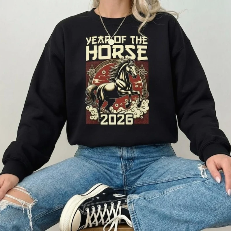 

Chinese Lunar New Year Zodiac Winter Crewneck Sweatshirt CNY 2026 Apparel Horse Lover Gift Asian Art Family Matching Hoodies