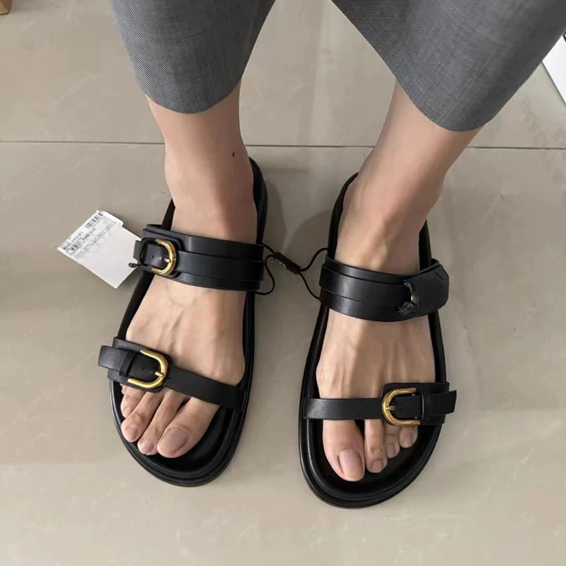 TRAF Buckle Strap Upper Flatform Slippers Women Outdoor Round Head Open Toe Flat Slipper Leisure Black Sandals Shoes For Women