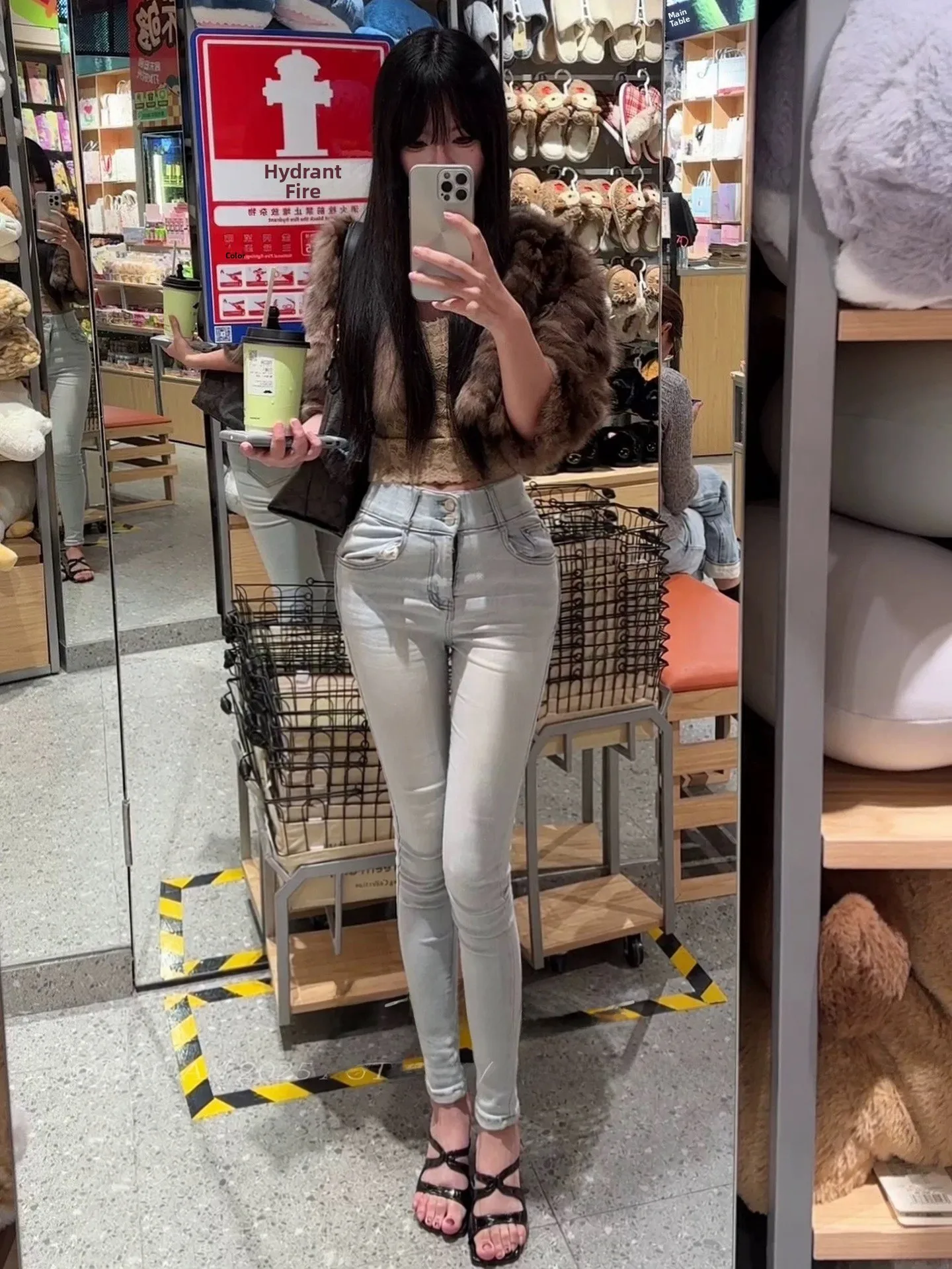 

Korean Sle High Waist Slim Fit Jeans Women's Elastic Waist Lightened Brightn Plump Hip Nine Points Blue Jeans
