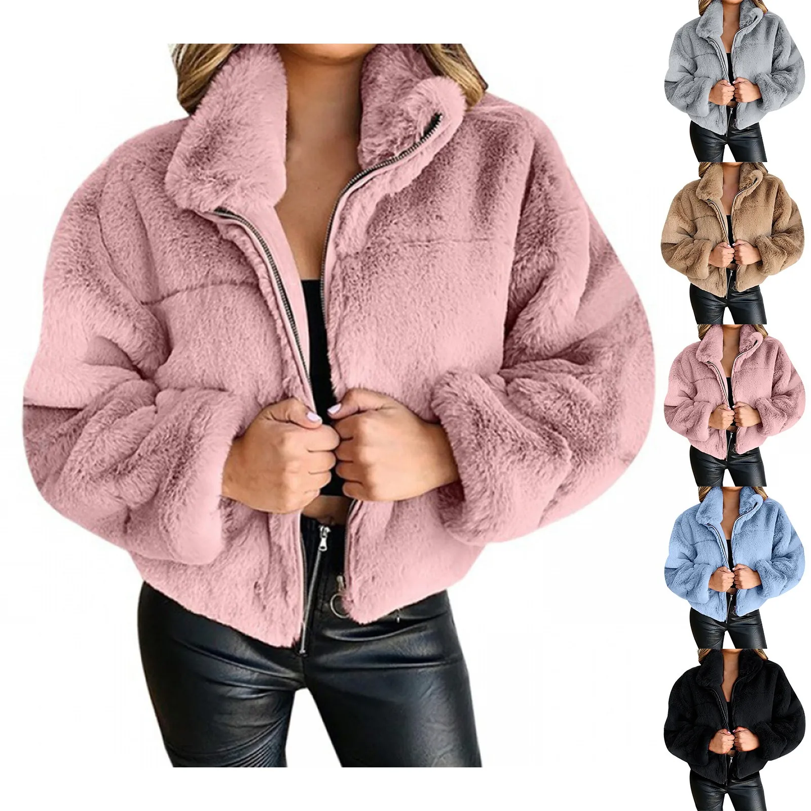 Outono e inverno curto casaco falso moda peludo lapela zip cardigan casaco grosso de pelúcia quente jaquetas senhoras outwear