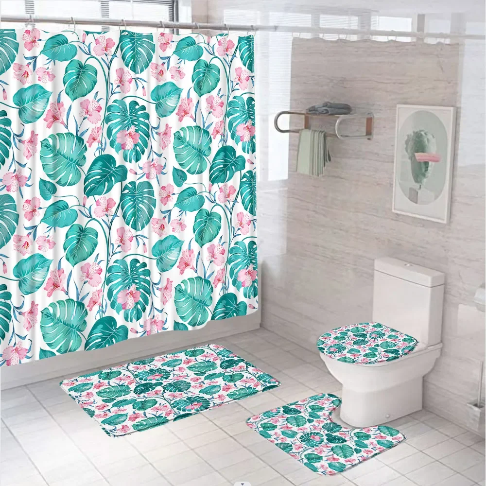 Tropical Flower Shower Curtain Set Green Palm Banana Leaf Hibiscus Orchid Floral Plant Bathroom Screen Bath Mat Rug Toilet Cover