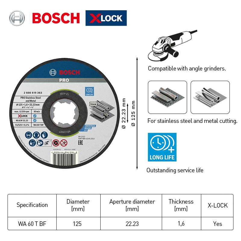 Bosch Accessory X-Lock Professional Metal Stainless Steel Slicing Tool 125X1.6Mm Compatible with X-Lock System Angle Grinder