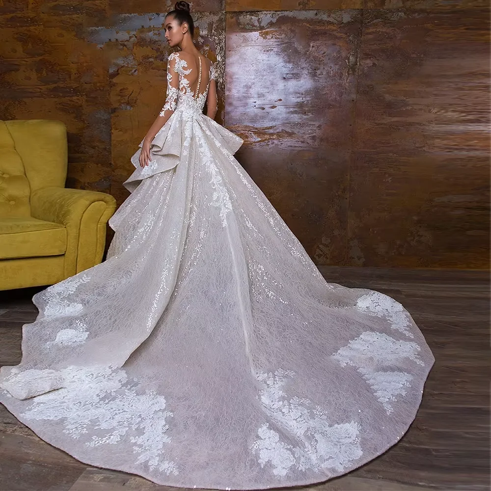 Robe de mariée sirène en dentelle, manches longues, personnalisée, avec des appliques de paillettes, avec traîne détachable, grande taille pour mariée