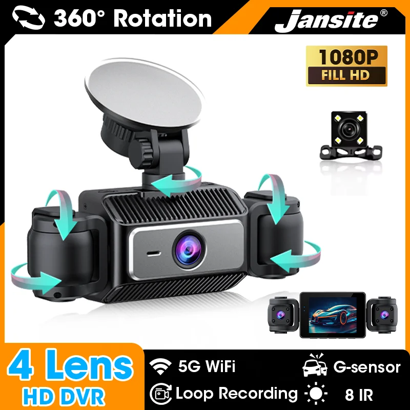 Jansite Dash Cam 4-Lens UHD Car Video Recorder Rearview Camera HD DVR Night Vision Dashcam Built-In 5G WiFi 360° Rotatable Lens