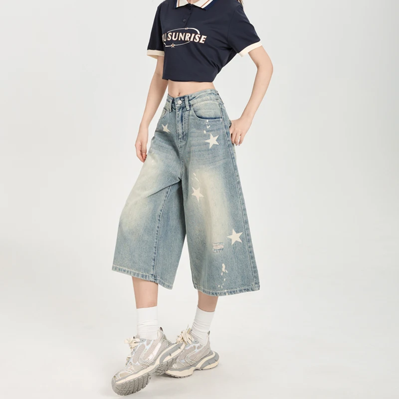 

Women's denim shorts, new summer style, American retro distressed star print, loose fit, super popular cropped pants