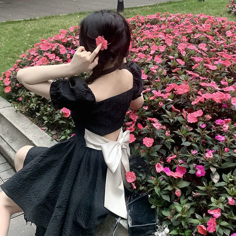 Sexy Backless Bow Dresses Women Summer Fashion High Waist Puff Sleeve Vestidos Vintage Lolita Style Square Collar A-line Dress