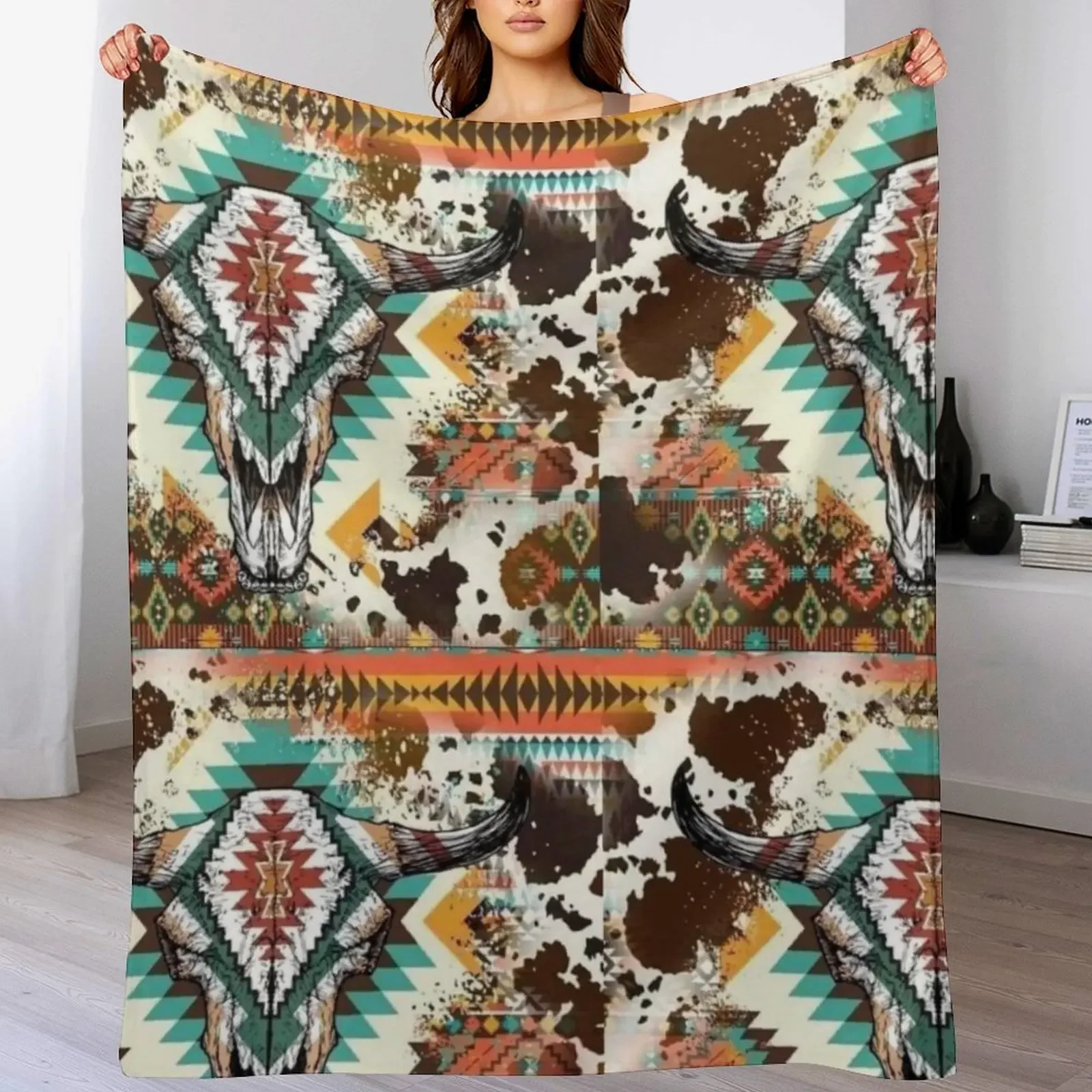 

Aztec Cow Print Bull Skull Throw Blanket Custom decorative Softest Designers Blankets
