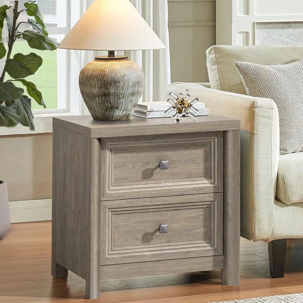 Conjunto de mesa de cabeceira com 2 gavetas, mesa de cabeceira de fazenda  com 2 gavetas, mesa lateral de armazenamento com botão de metal, modo  grande de meados do século / Móveis para casa, image size:1000x1000