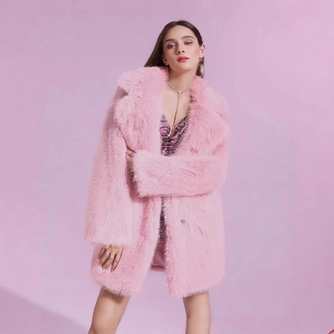 

Faux Fur JacketFor Lady Long Hair Thermal Female's Fur Overcoat 2025 Winter Women's Mink Fur Jacket Detailed Pink Colored Eco