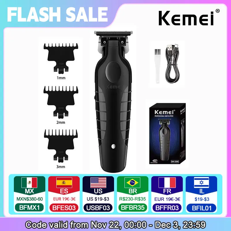 Kemei 2299 Barber Cordless Hair Trimmer 0mm Zero Gapped Carving Clipper Detailer Professional Electric Finish Cutting Machine