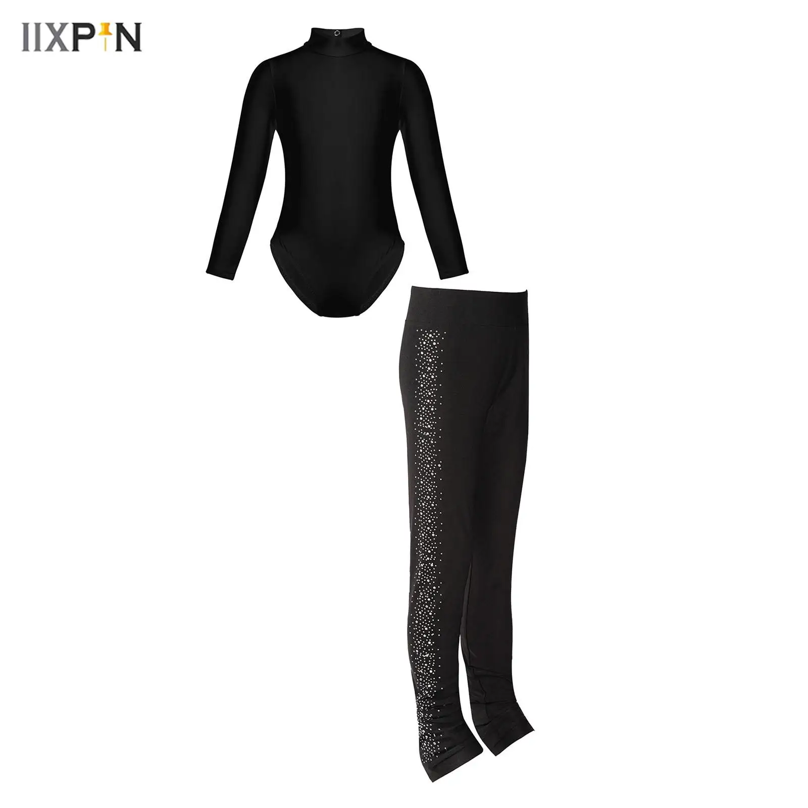 

2Pcs Kids Girls Gymnastics Ballet Workout Bodysuit Sports Set Long Sleeve Mock Neck Leotard with Leggings for Dance Competition