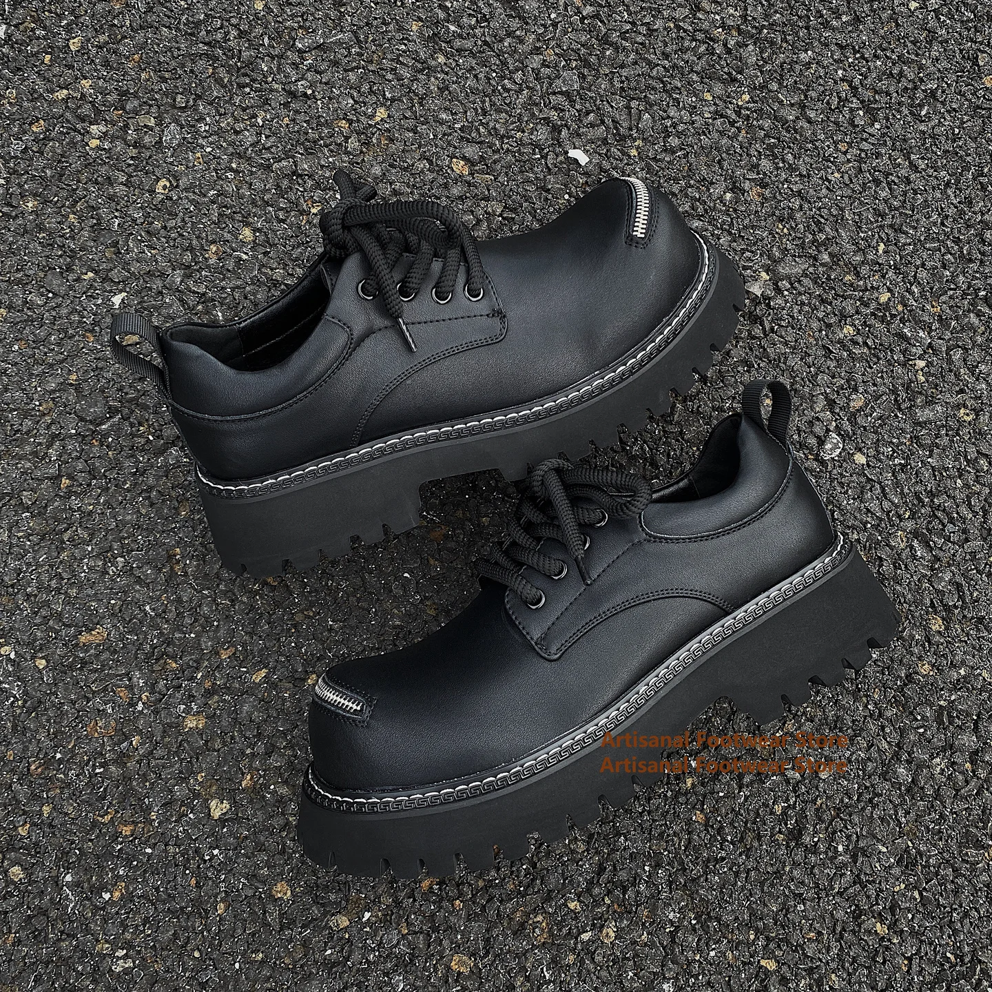 

Thick Soled Derby Shoes Men's Retro Big Toe Leather Casual Shoes Front Zipper Design Lace-Up Height Increasing Men's Shoes