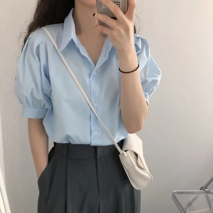 

Ele Vintage Bubble Sve irt Воротник ort Sve Женский irt Chic Agel Design Commute Sle Pure Color 2023...