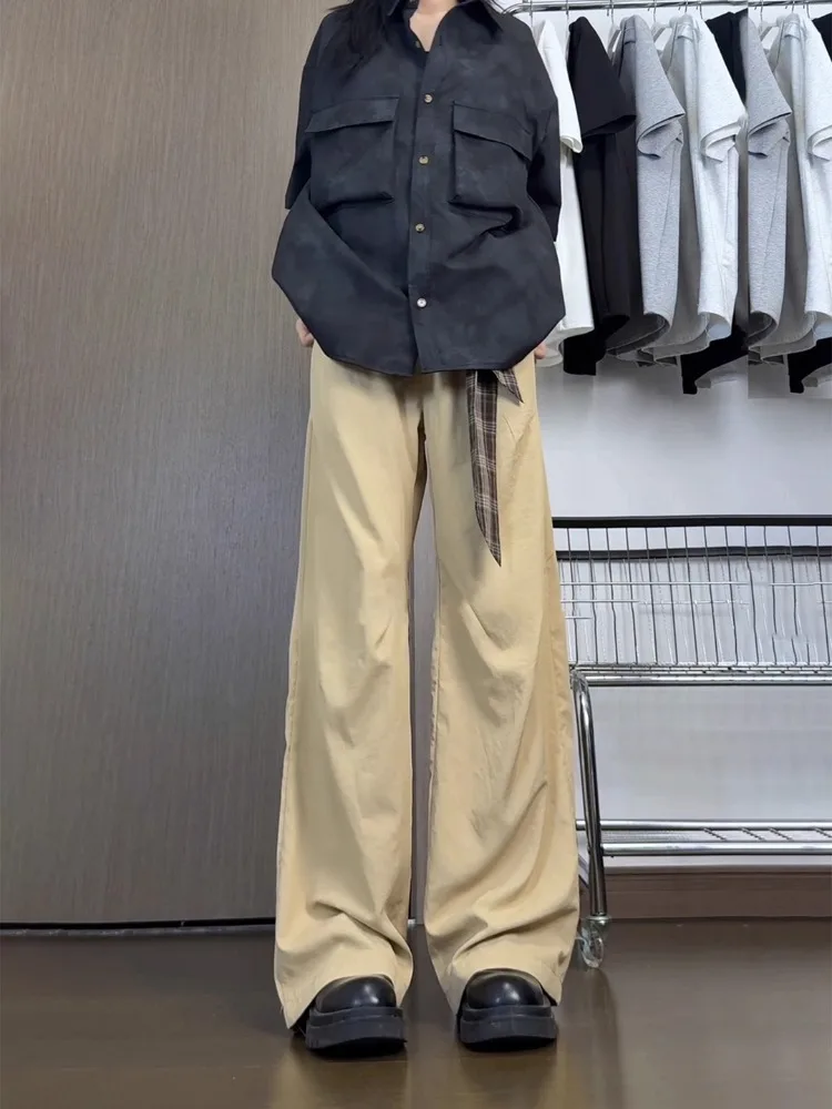 

Брюки женские летние широкие прямые повседневные из полиэстера, цвета хаки, с поясом, в клетку, свободного кроя, в стиле BF, для отдыха