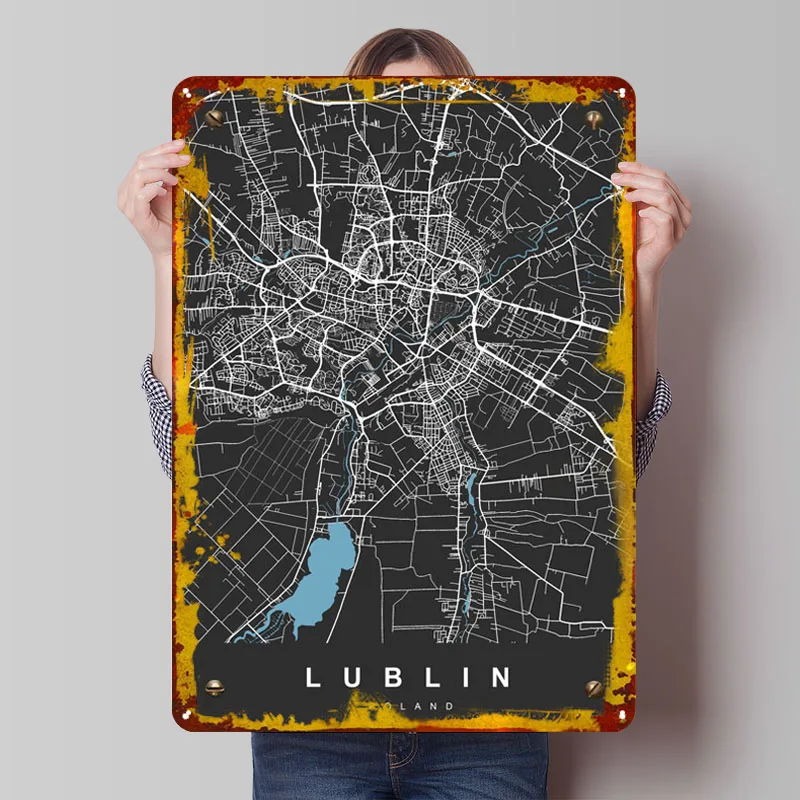 Mapa de LUBLIN, mapa de Polonia, póster de Metal, artículos de decoración de pared, carteles de estaño de Metal personalizados para decoración de arte de pared, decoración estética de la habitación para hombres