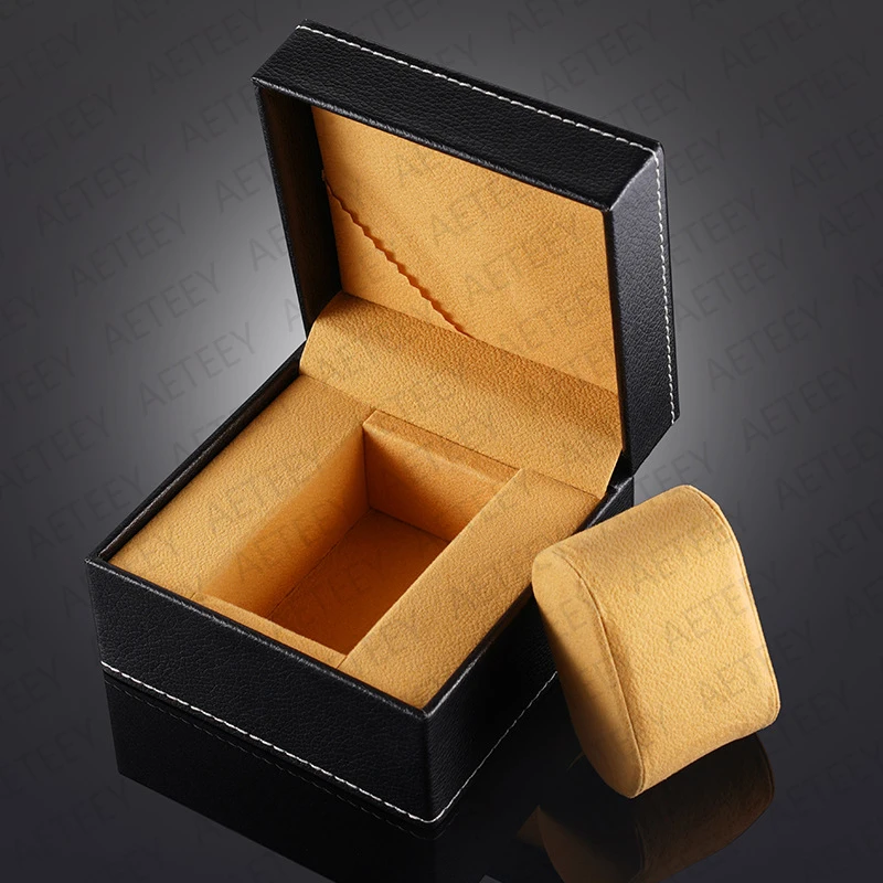 Black PU Leather Watch Cases White Thread Interior Brown Plush Watch Packaging Gift Storage Display Box Custom Logo for one Free