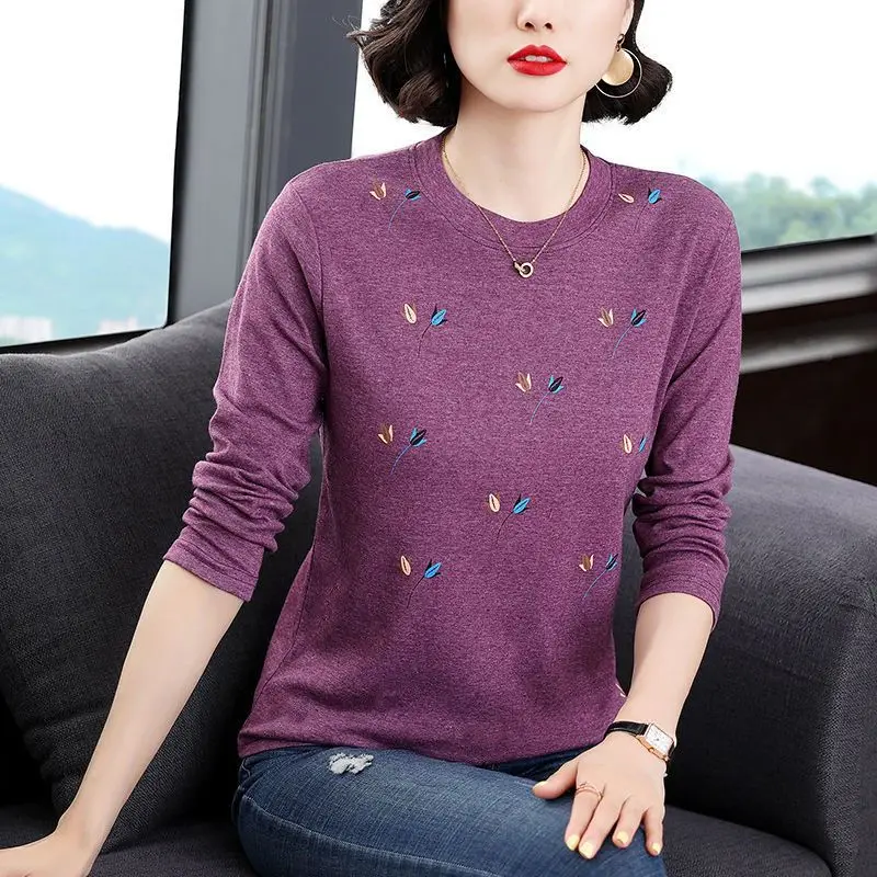 Women\'s Pure Cotton T-shirt 2023 Spring and Autumn New Fashion Solid Color Printed Long Sleeved Round Neck Loose Pullover Tops