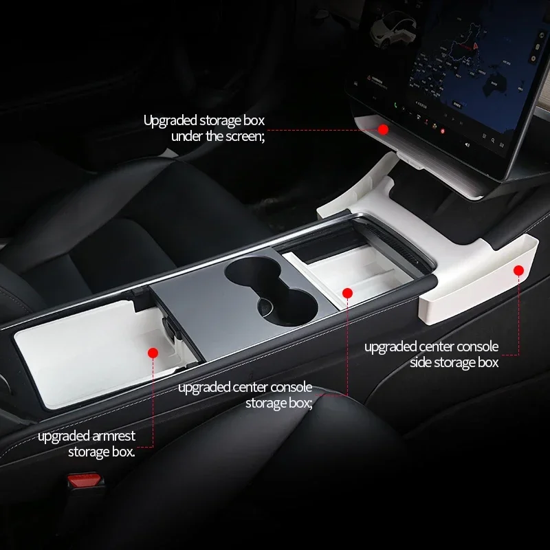 For Tesla Model 3 Y White Storage Box Car Double Layered Dashboard Screen Armrest Central Control Boxes Car Interior Accessories