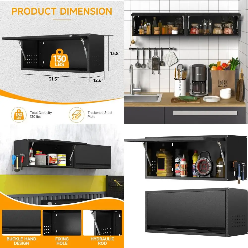 

Black Wall-Mounted Metal Garage Cabinet with Doors and Holes for Storage in Various Spaces