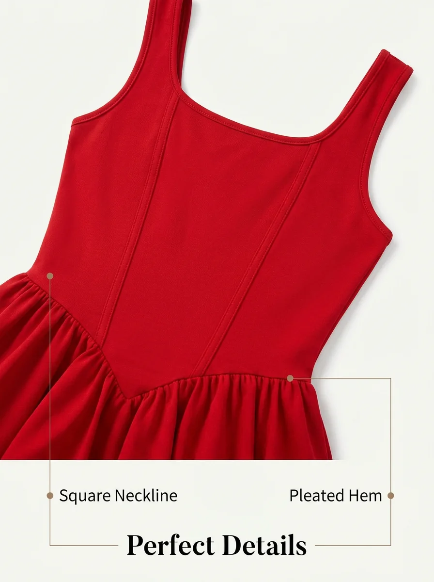Sommerkleid für Mädchen von 7–14 Jahren, quadratischer Ausschnitt, breiter Träger, rot, dehnbar, tailliert, plissiert, A-Linie, knielang, für Tanz, Party, Alltag, Schule – Detail 7
