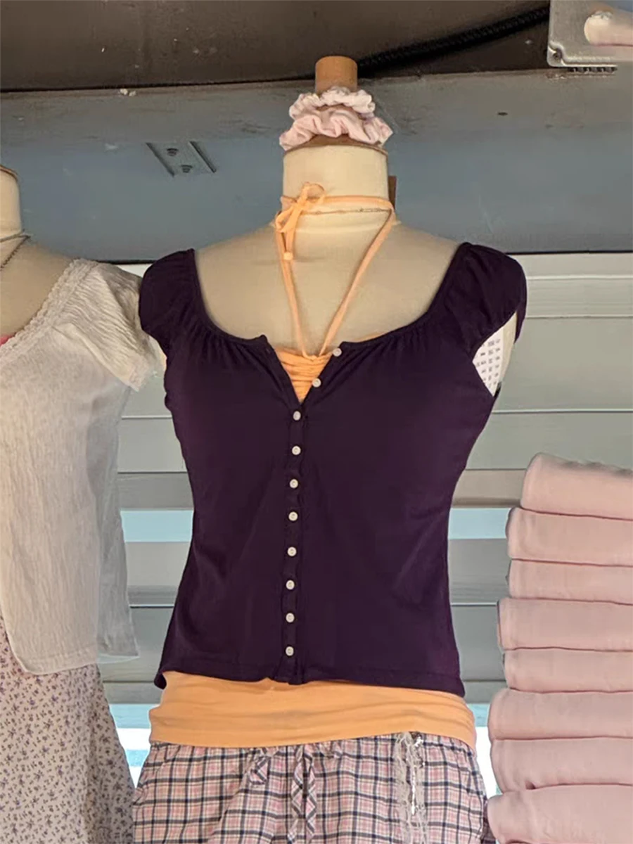 Purple Short Sleeve Slim Crop Top Women Scoop Neck Single Breasted Cotton Summer Tee Tops Solid Sweet Simple All-match T-shirts