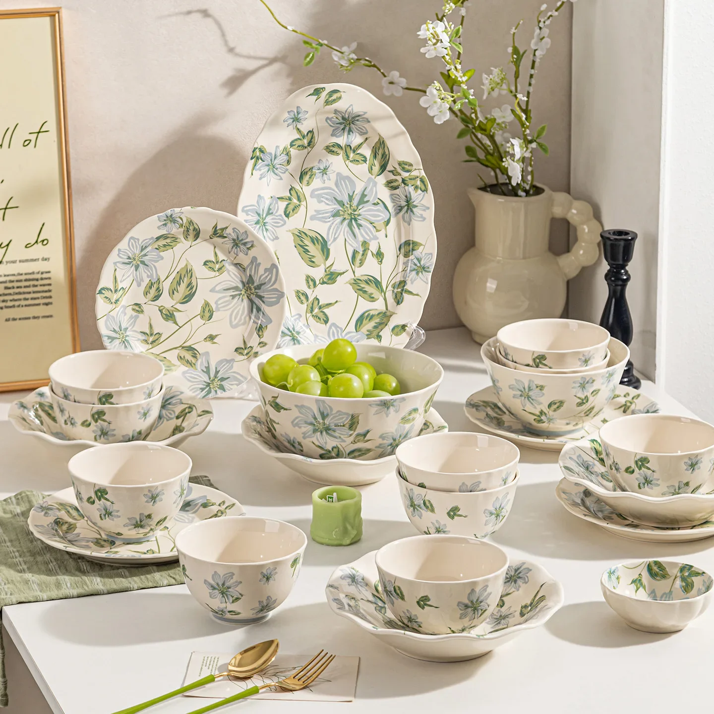 C69  ceramic tableware set, flower high-value bowl, small fresh dinner plate, housewarming household dishes Superior Workmanship