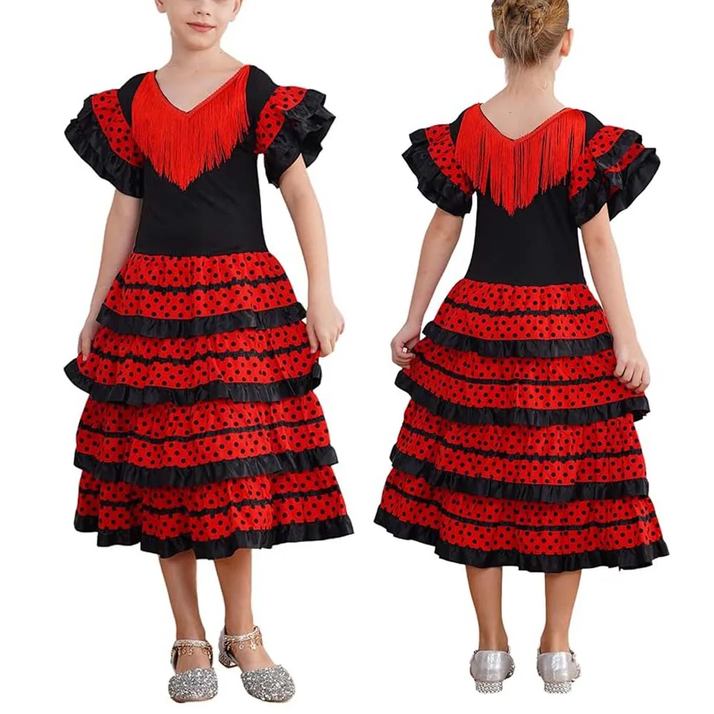 Girls Kids Flamenco Dance Dress Spanish Style Performance Costume Red Tassel Ruffled Sleeve Polka Dot Tiered Skirt for Party Fe