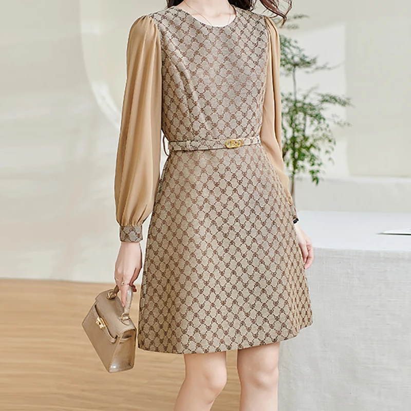 EVNISI Women Casual Long Sleeves Patchwork Dress With Belt Floral Printing Slim Office A-line Dresses Women Party Vestido Autumn