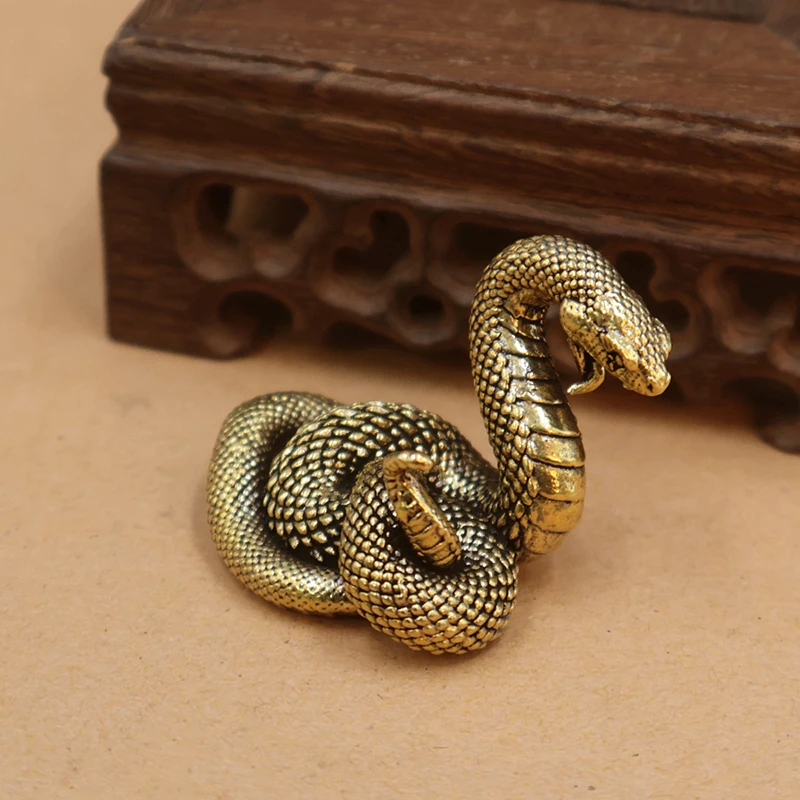 Antique Bronze Cobra Statue Ornament Zodiac Snake Miniature Figurines Copper Desktop Decoration Tea Pets Decor Accessories Craft