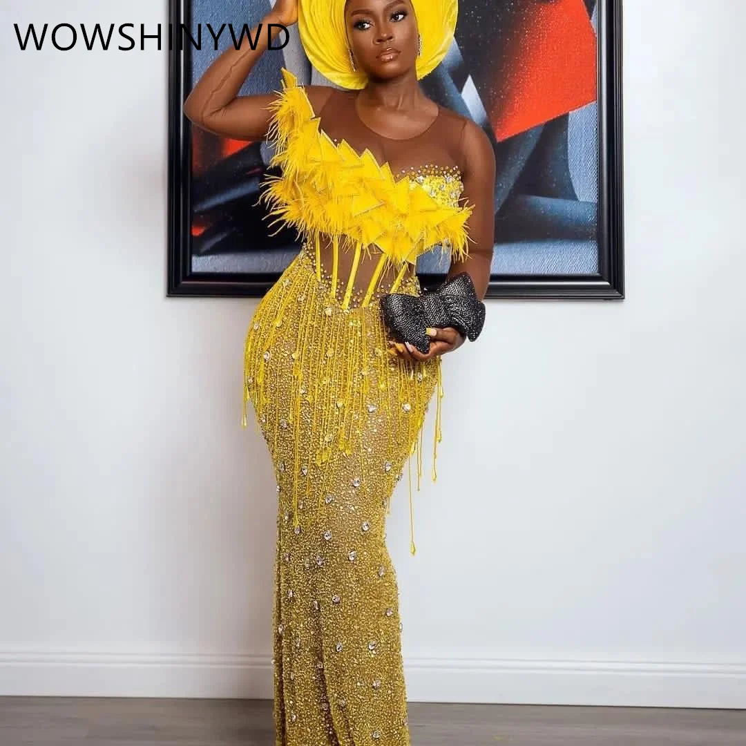 2024 Aso Ebi Mermaid Yellow Prom Dresses Sequined Beaded Evening Formal Party Second Engagement Birthday Gowns Dresses ZJ104