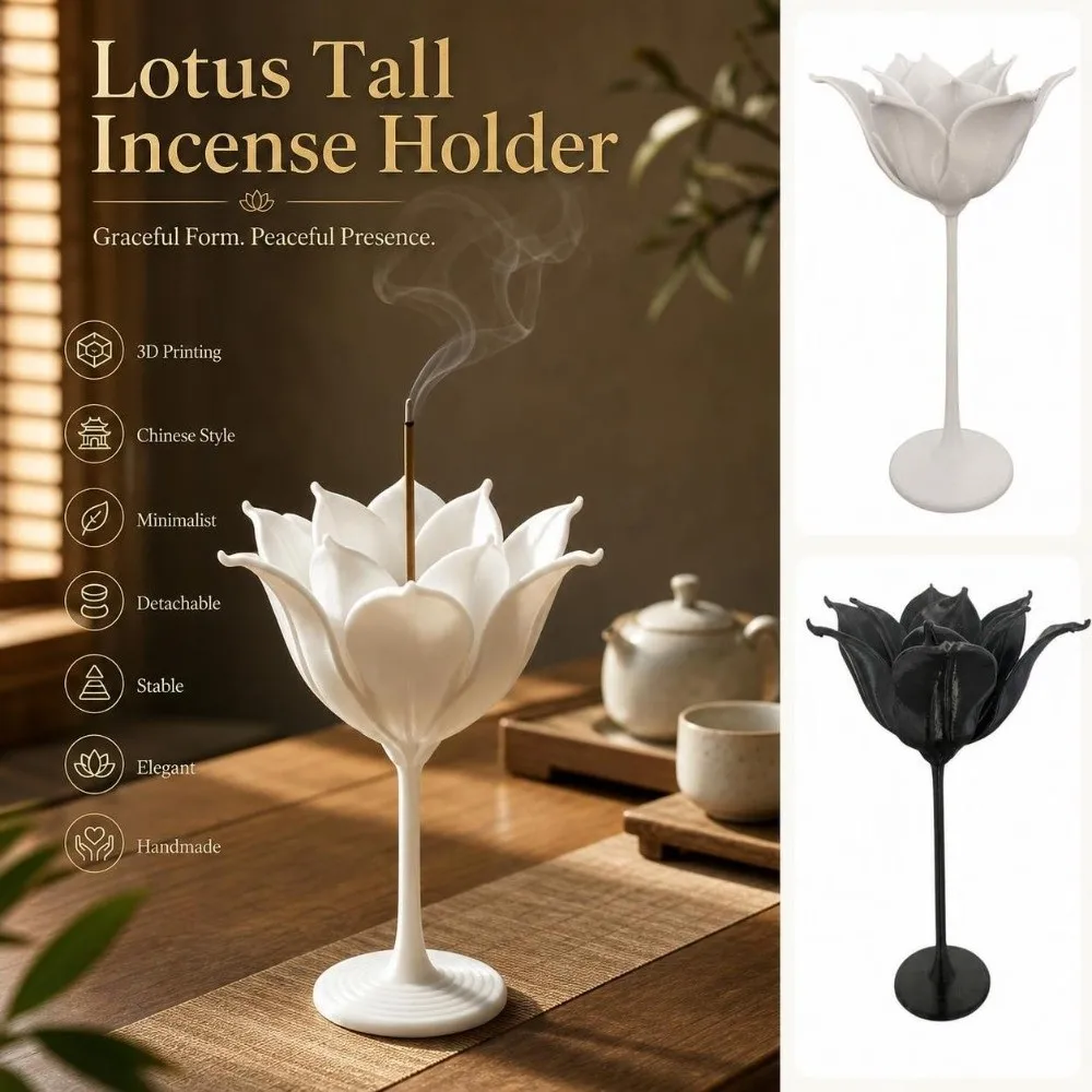 3D Printing Lotus Tall Incense Holder Minimalist Detachable Incense Stick Holder Handmade Stable Tabletop Incense Base