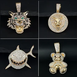 Hip Hop Iced out Rhinestone Pendant Big Animal Lion Shark Tiger Panda Designs for Cuban Link Chain Jewelry for Women And Men