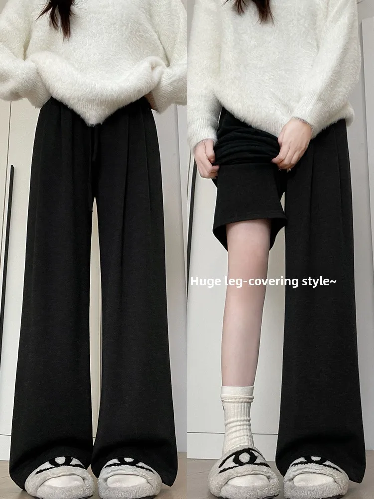 Extra Large Black Fleece Lined High Waist Draped Wide Leg Pants Comfortable Autumn Winter plus Size Women's Loose Style Trousers