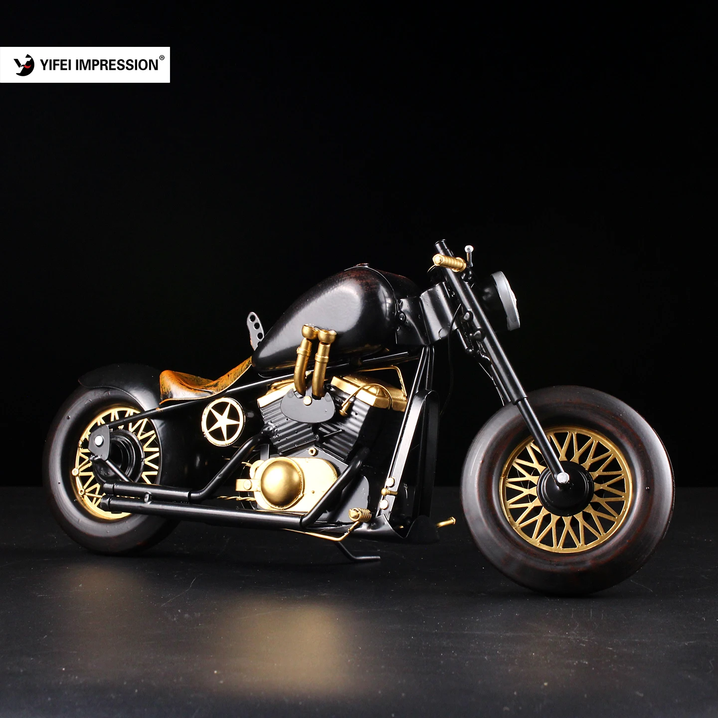 Handmade Vintage Iron Motorcycle Model Black Gold Metal Ornament Retro Creative Photo Props Home Bar Desk Decor