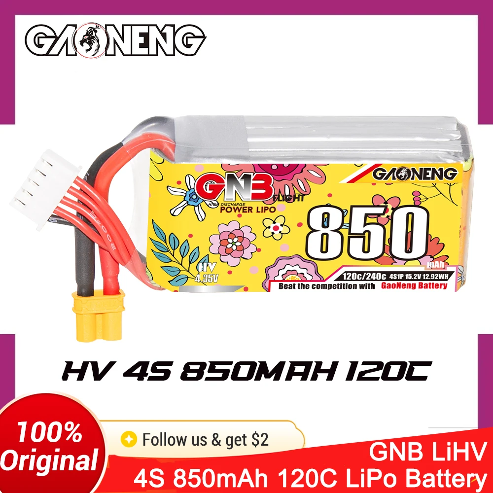 GAONENG 850mAh 4S GNB LiHV 15.2V 120C XT30 LiPo Battery for 2.5 to 4 inch FPV Brushless Drones Racing  Freestyle Cinewhoop