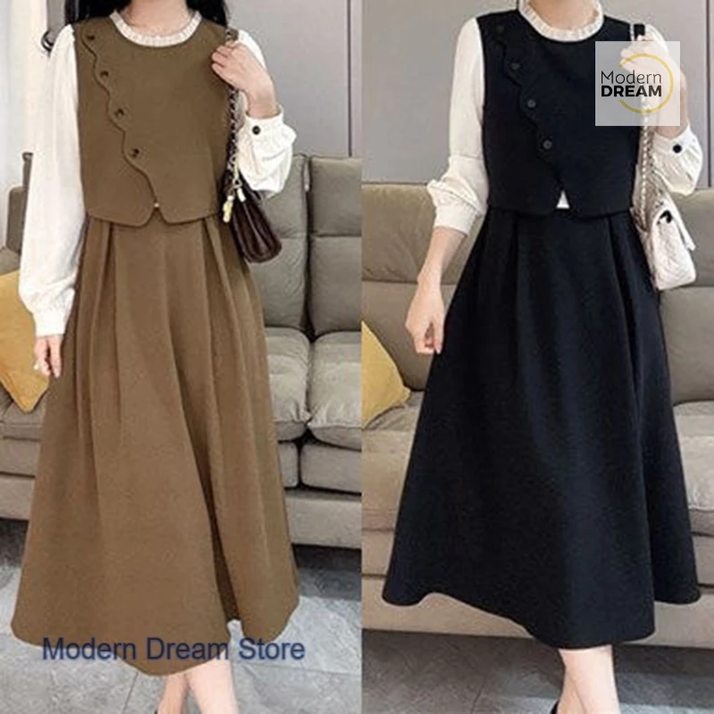 خياطة فرنسية قميص سترة وهمية قطعتين فستان المرأة الربيع والخريف حجم كبير جديد الخصر غطاء نحيف اللحوم تنورة طويلة