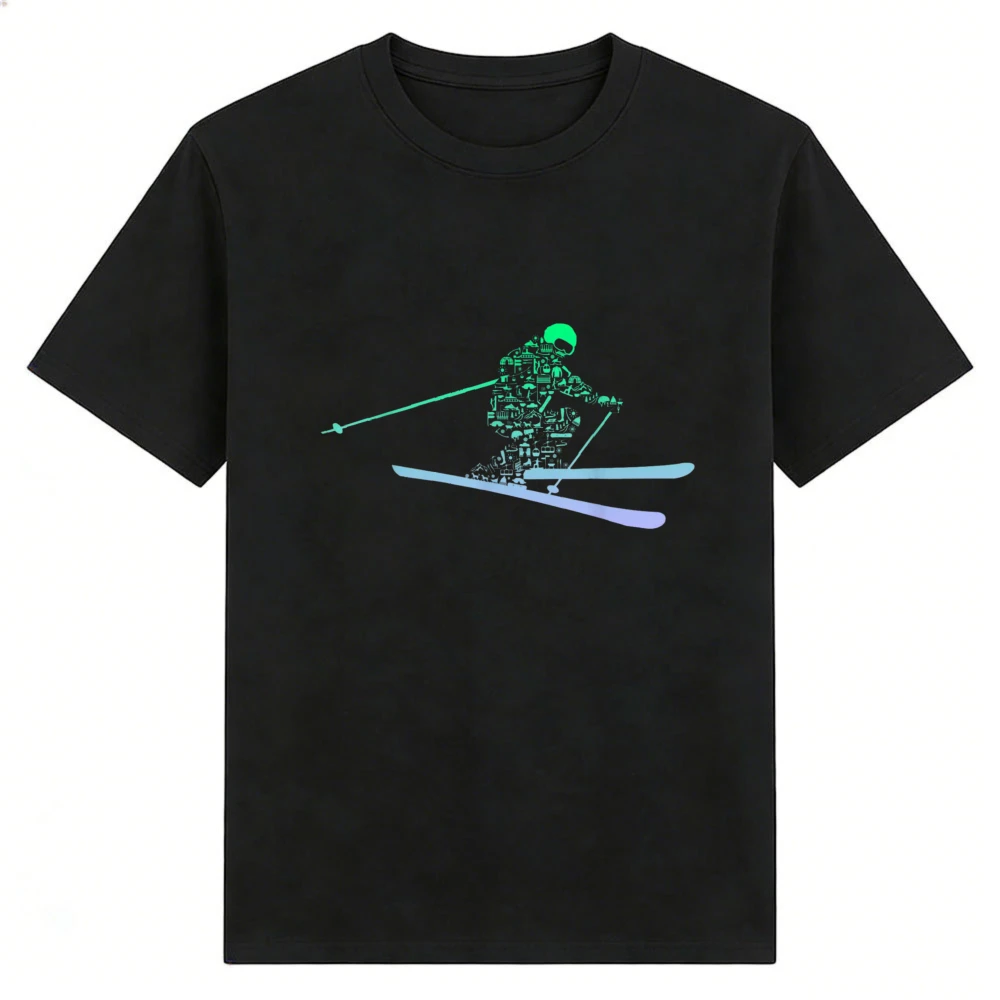 Professional Skier Gradient Graphic T-Shirt Casual Short Sleeve Cotton Tee Winter Snow Sport Streetwear Top