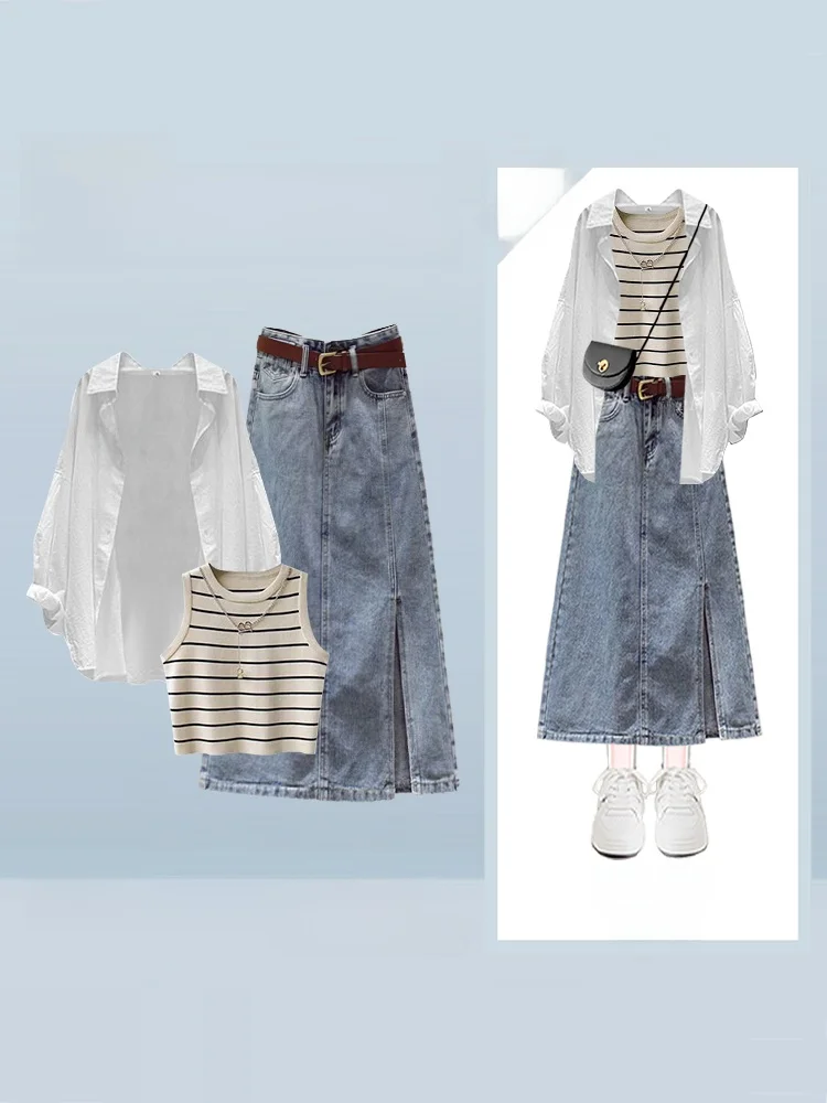 

Autumn Set Women's Long Sve irt Stripe Vest Slimming Denim Skirt Two Piece Casual Sle Faion Ensemble