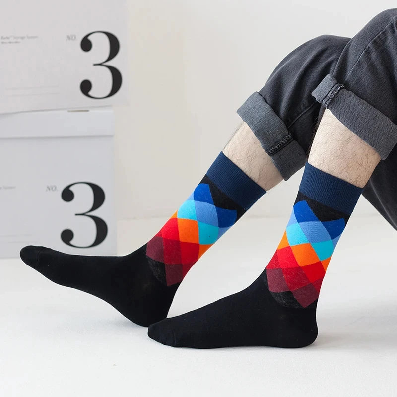 Men\'s Happy Mid length Socks Cotton Diamond Grid Casual Socks Breathable Multi Color Fun Socks Business Men\'s High Quality Socks