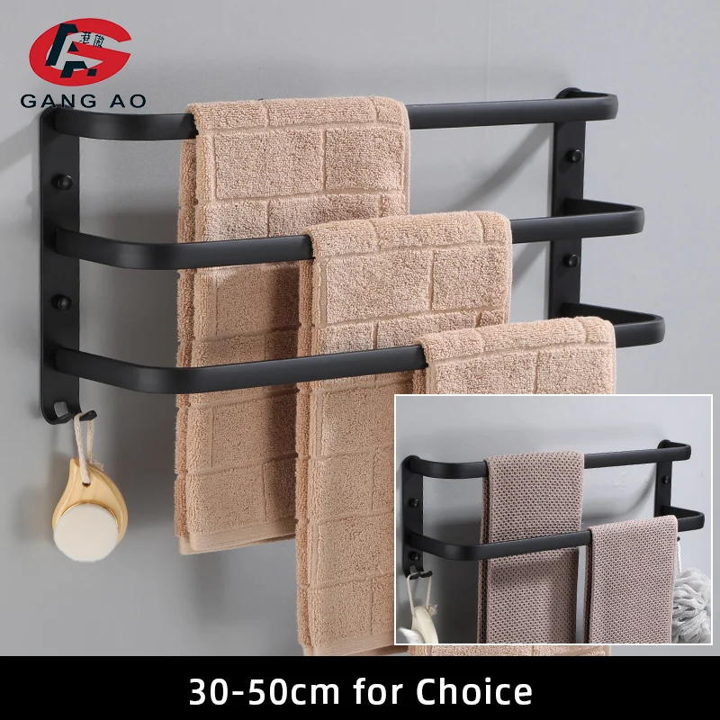 Towel Hanger Wall Mounted 30-50 CM Towel Rack Bathroom Aluminum Black Towel Bar Rail Matte Black Towel Holder with Sticker